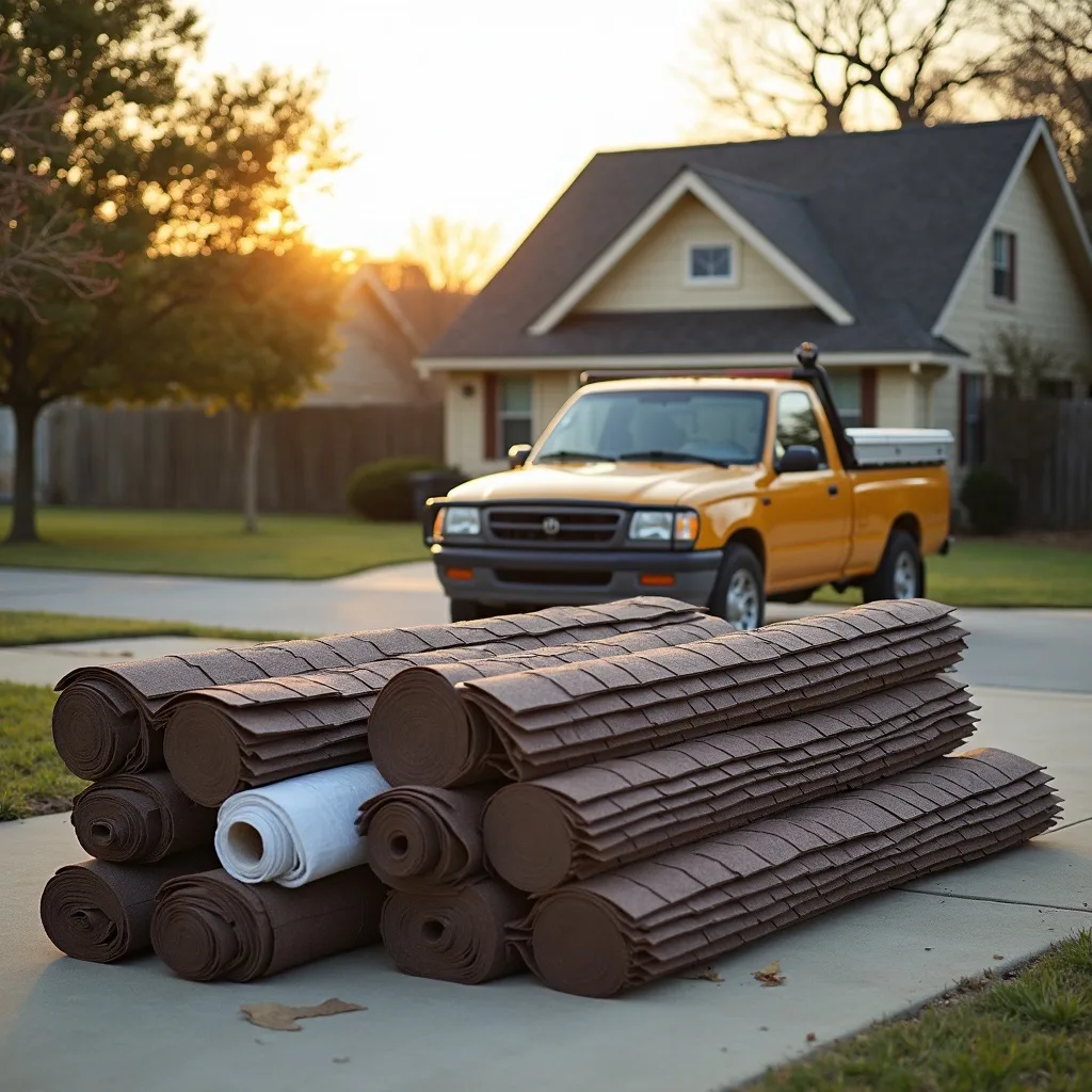 Work truck and materials staged in a driveway at dawn