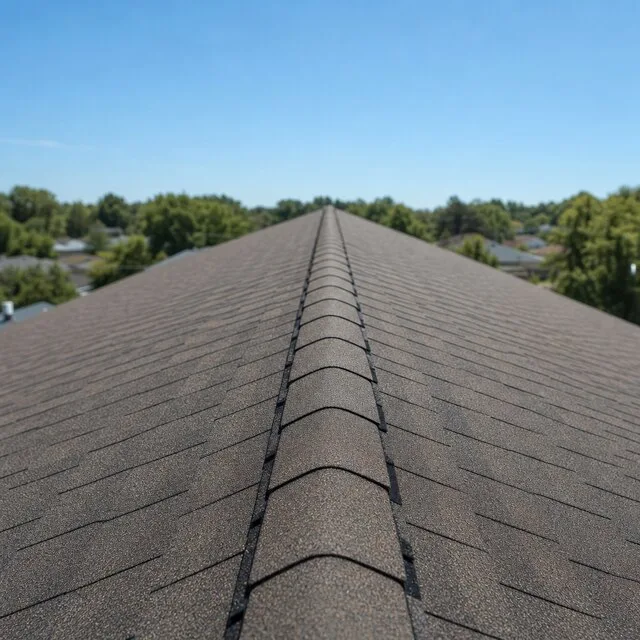 A straight, tightly sealed ridge line on a finished shingle roof